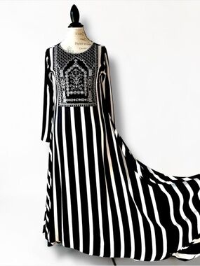 Chinyere Striped Embroidered Maxi Dress Black White Sequined Kurti M